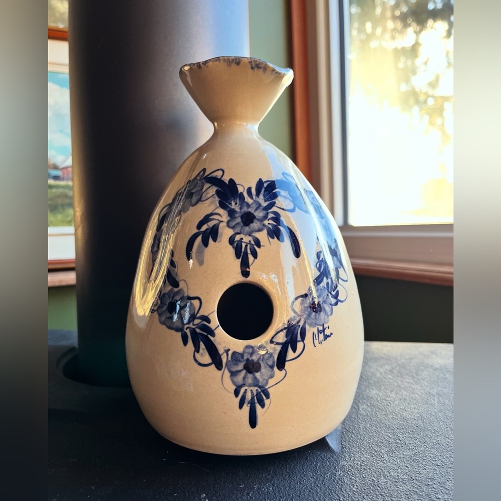 Hand-Painted Blue Floral Ceramic Birdhouse